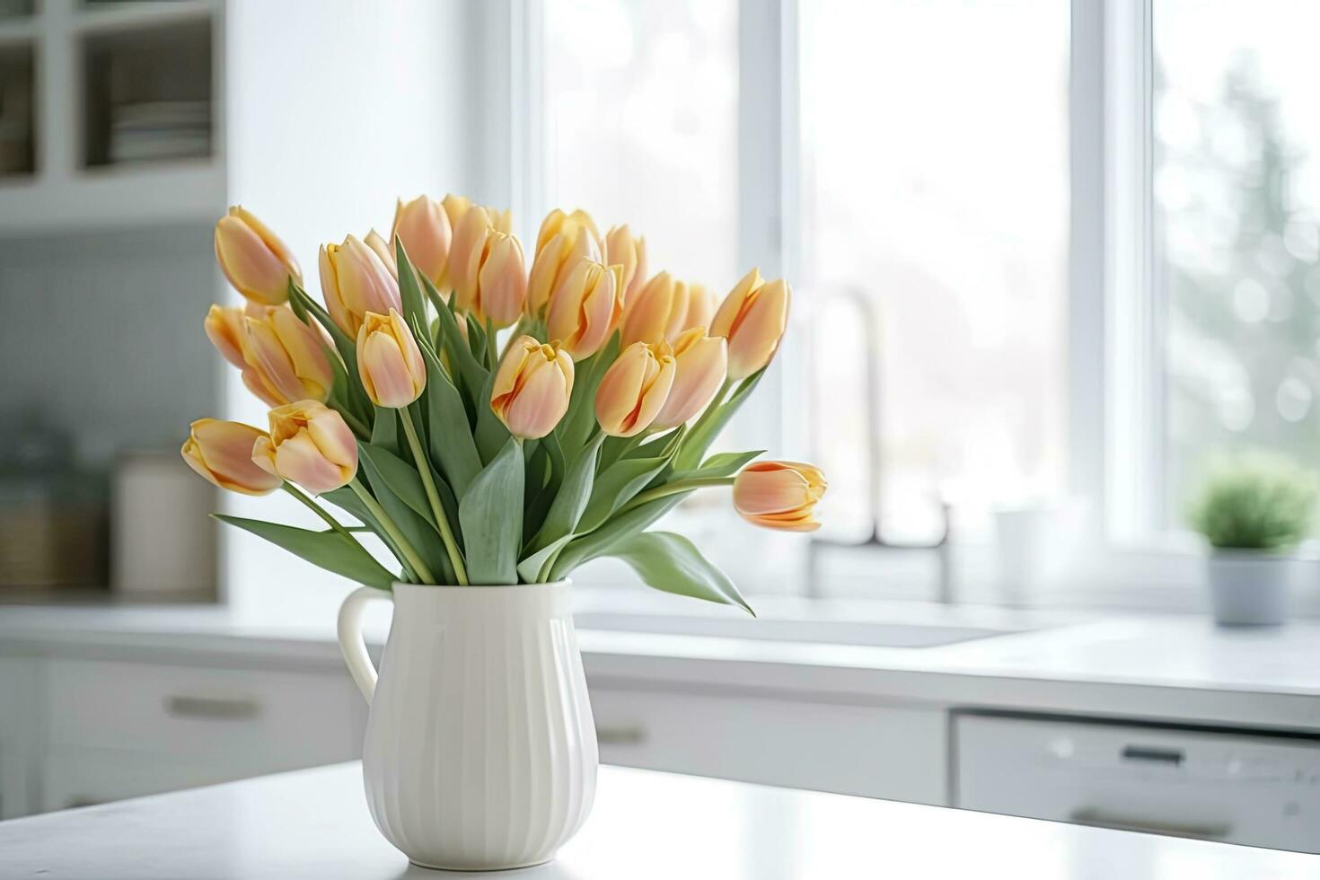 AI generated A bouquet of tulips on a white table. AI Generated photo