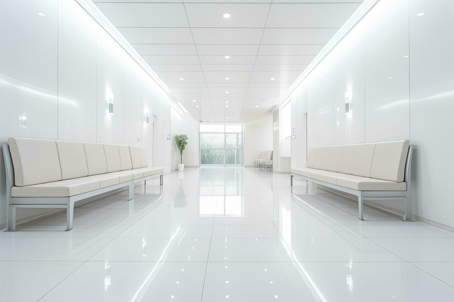 AI generated Interior design of a modern luxurious white building corridor or hallway with waiting seat. AI Generated photo