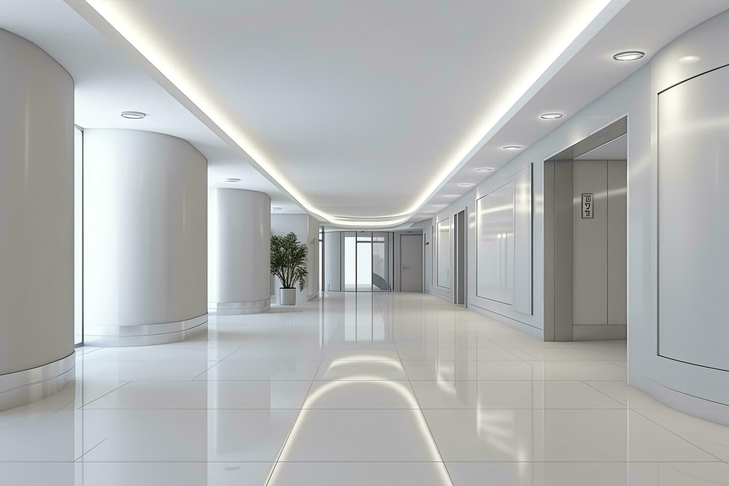 AI generated Interior design of a modern luxurious white building corridor or hallway with waiting seat. AI Generated photo