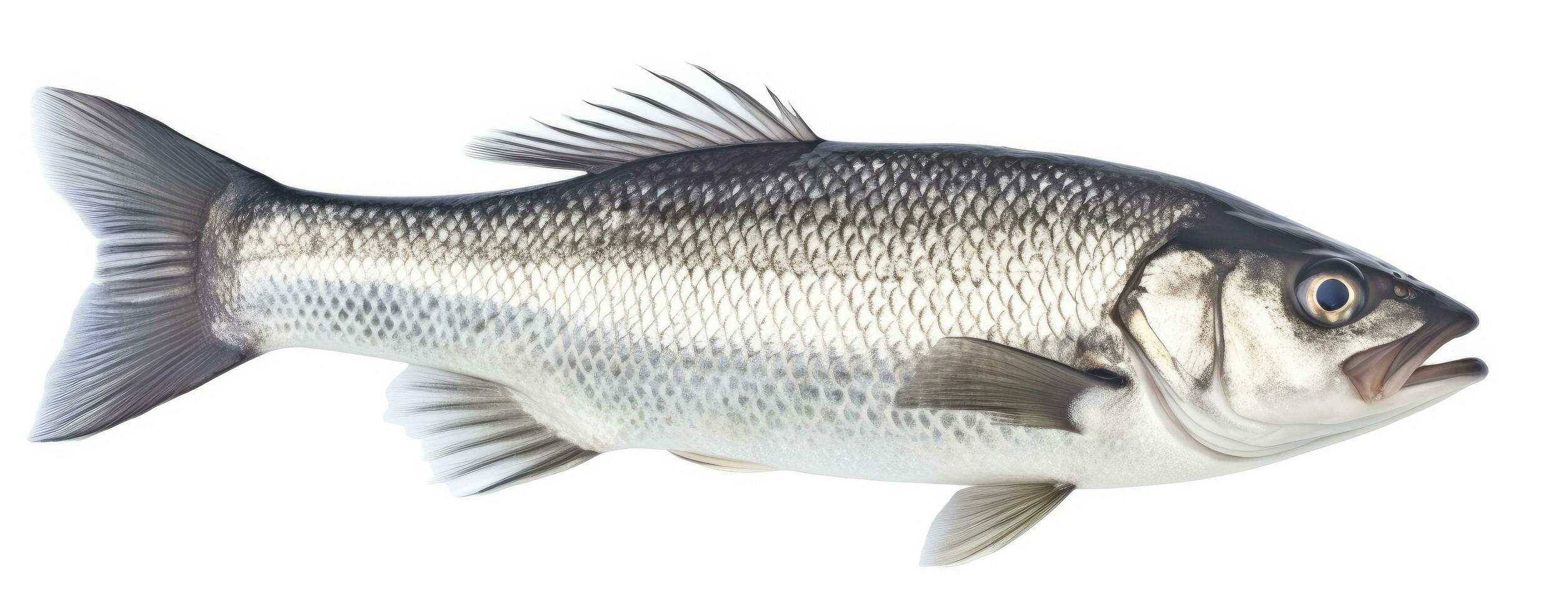 AI generated One fresh sea bass fish isolated on white background. AI Generated. photo