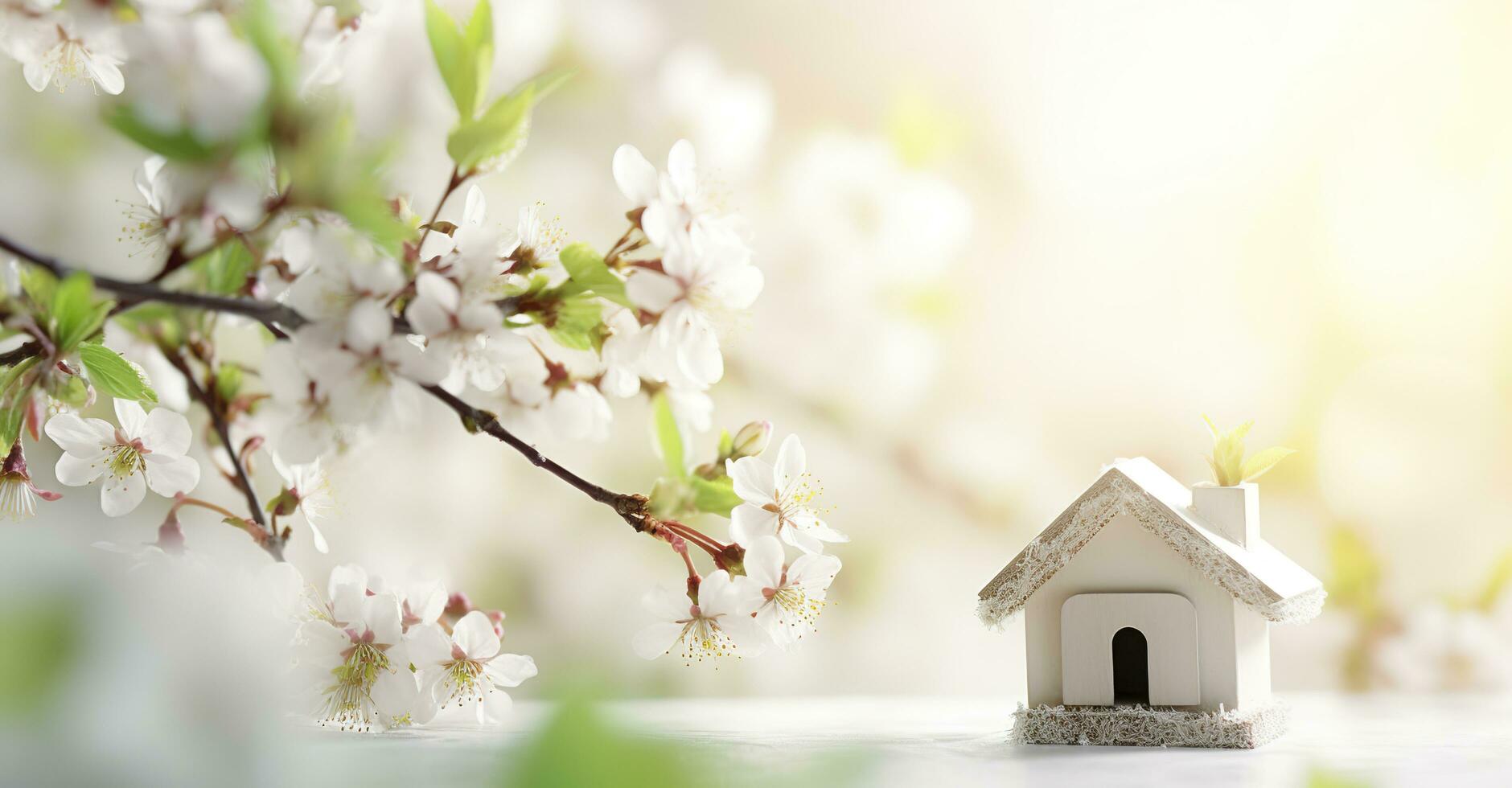 AI generated Toy house and cherry flowers, spring abstract natural background. Generative AI photo