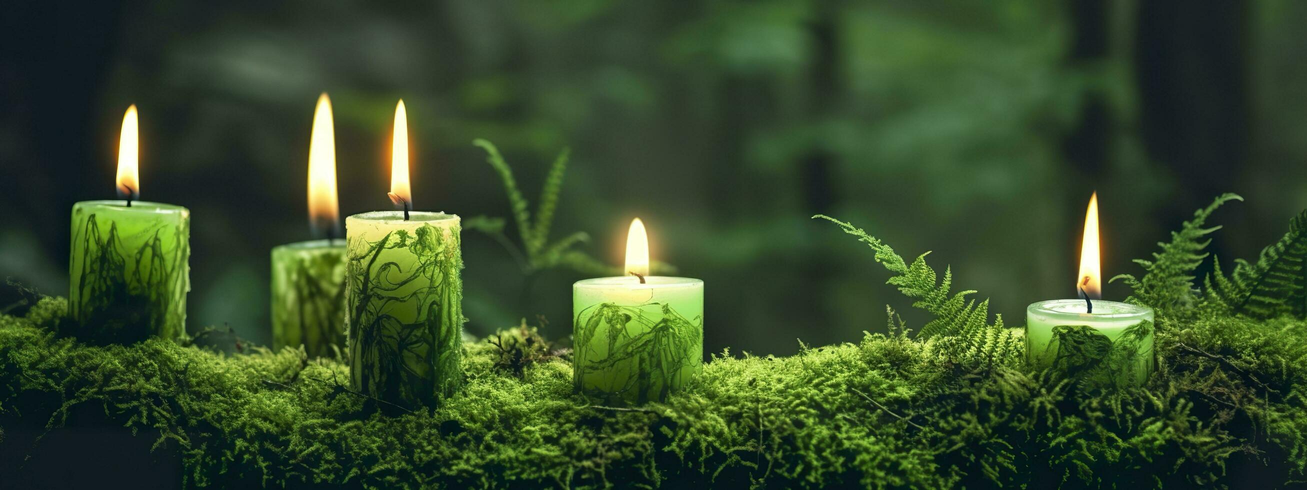 AI generated Burning candles on moss, dark green blurred the natural background. Magic candle. Generative AI photo