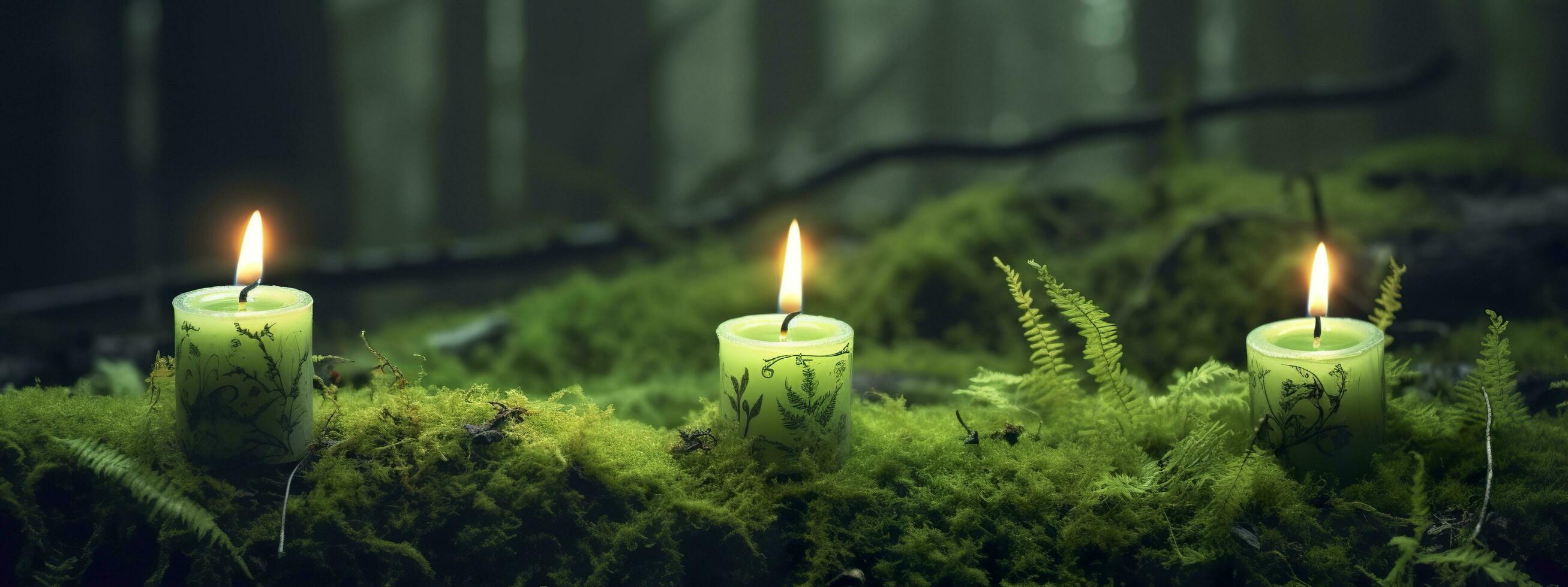 AI generated Burning candles on moss, dark green blurred the natural background. Magic candle. Generative AI photo