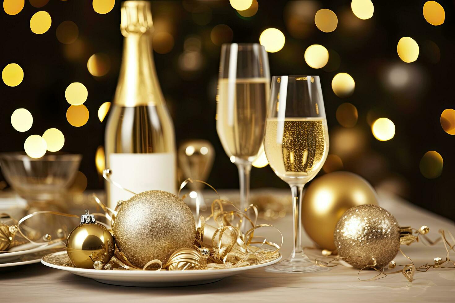 AI generated Christmas table setting with holiday decorations in wine bottle and wine glasses against bokeh background photo
