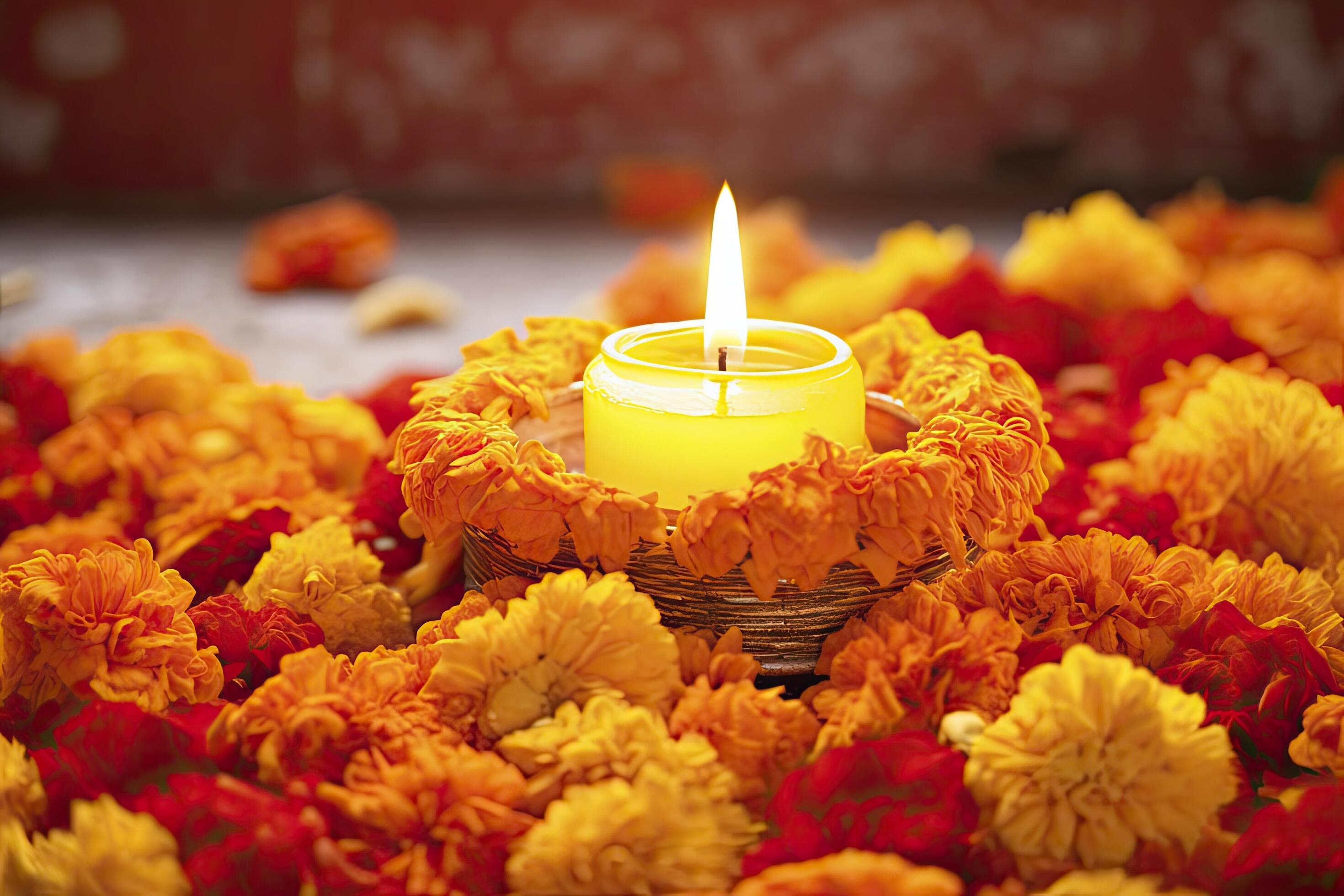 AI generated Candles and marigold flowers. Day of the dead concept dia