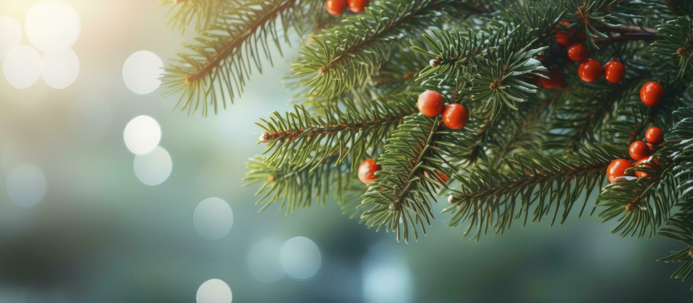 AI generated Close up view of a Christmas tree branches on a natural bokeh background. photo