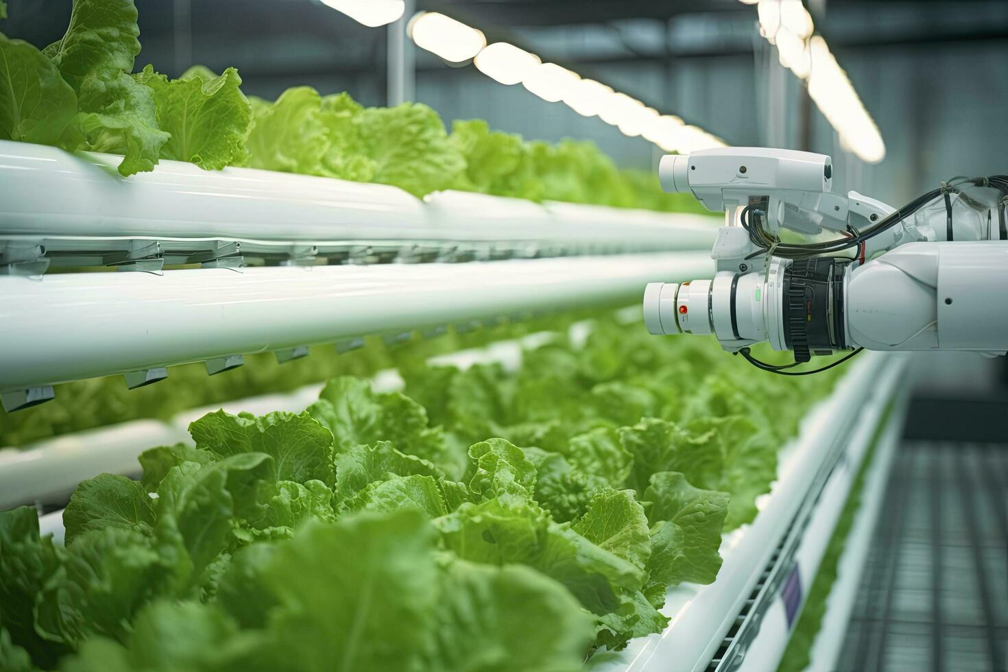 AI generated Automatic Agricultural Technology With Close-up View Of Robotic Arm Harvesting Lettuce In Vertical Hydroponic Plant. AI Generated photo