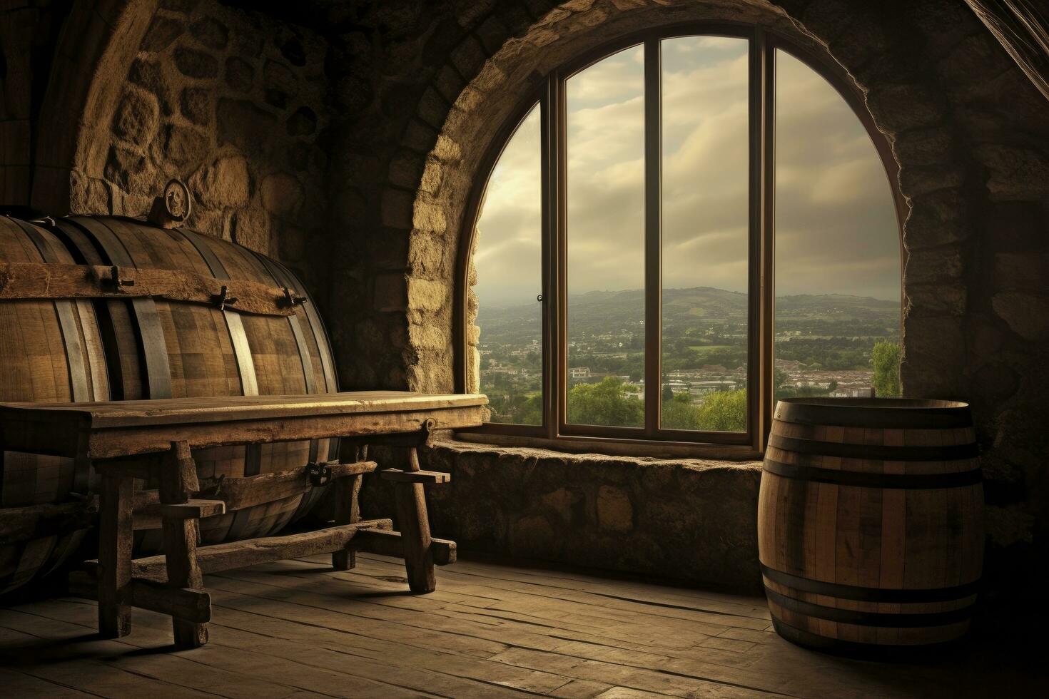 AI generated Barrel in an ancient castle beside the window. AI Generated photo