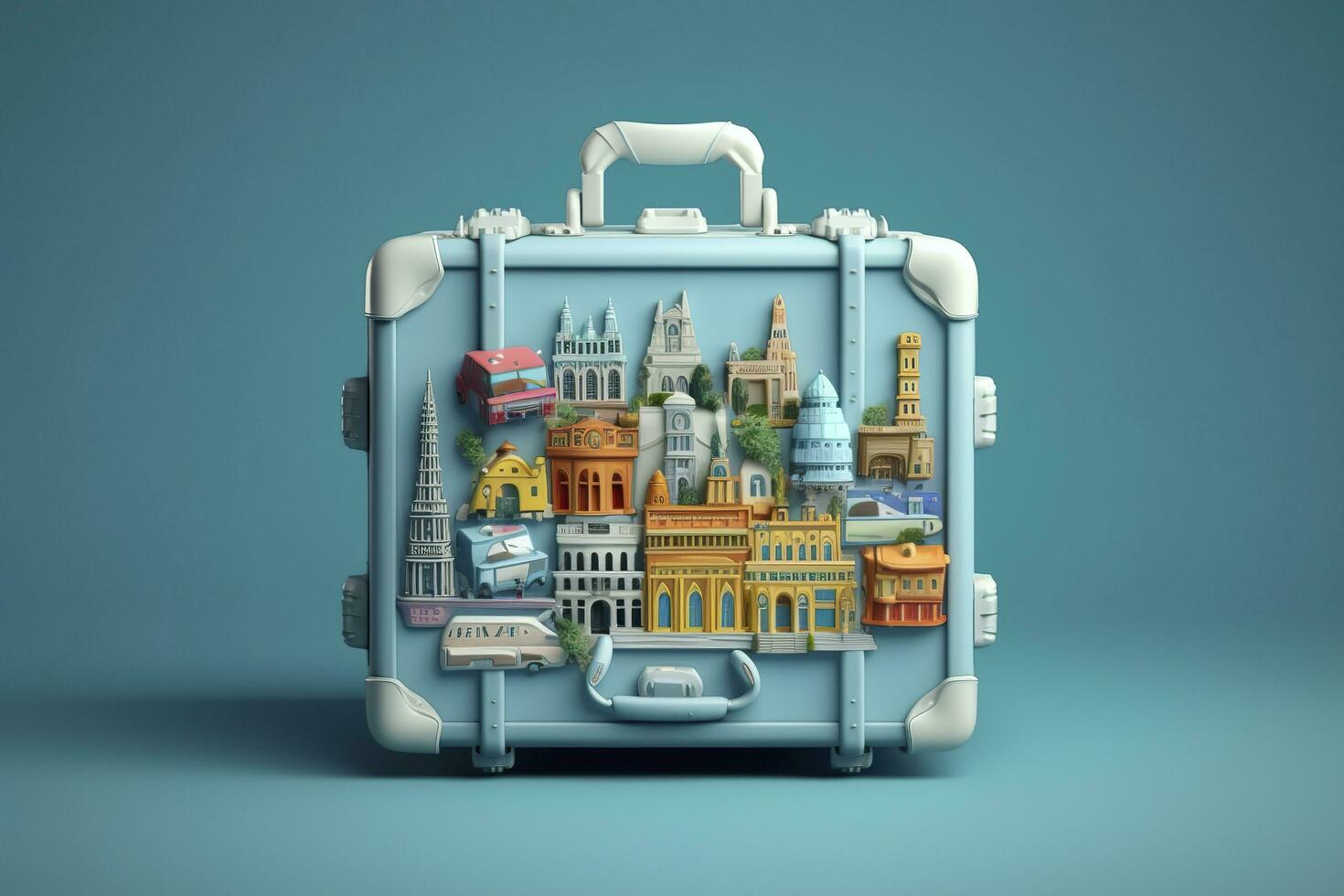 AI generated Blue suitcase full of landmarks and travel accessories on blue background. Generative AI photo