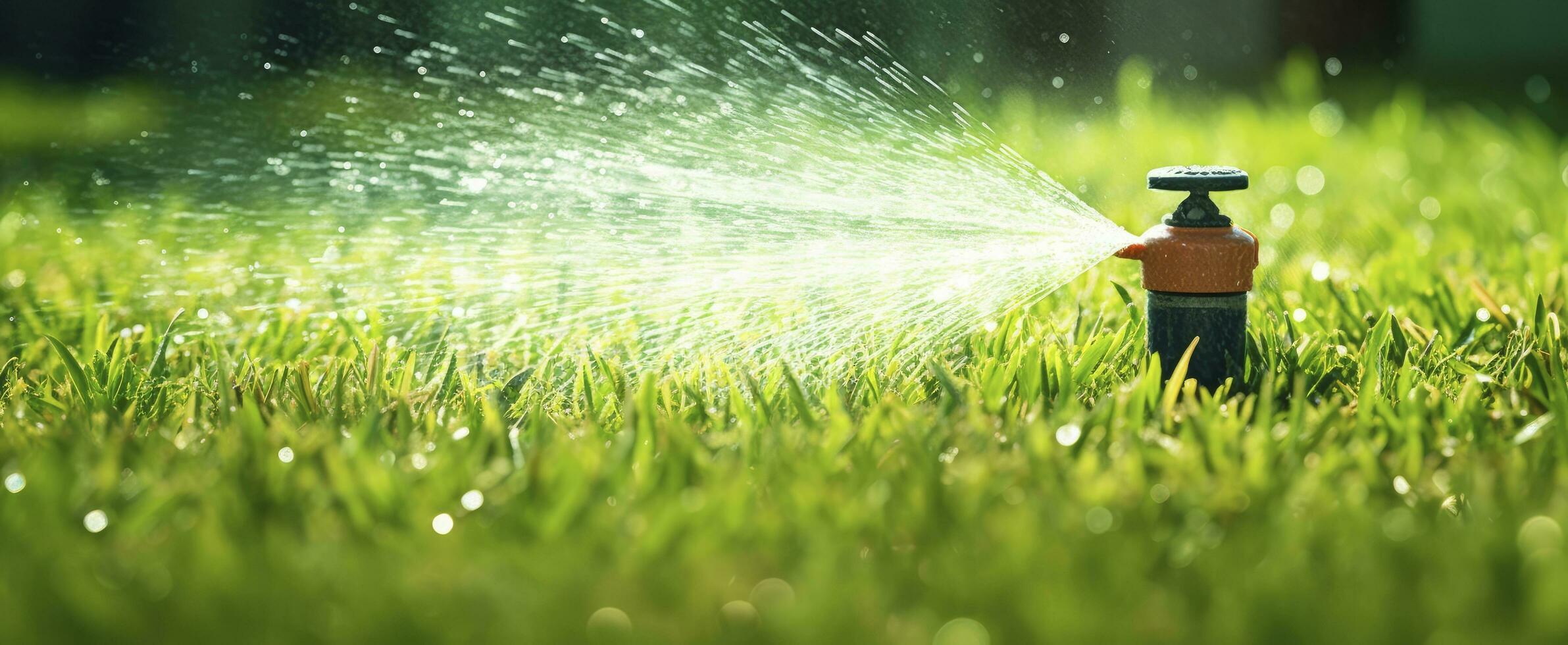 AI generated Automatic garden lawn sprinkler in action watering grass. AI Generated photo