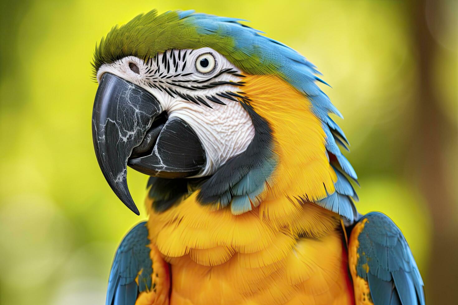 AI generated Blue and yellow macaw parrot against a natural green background photo