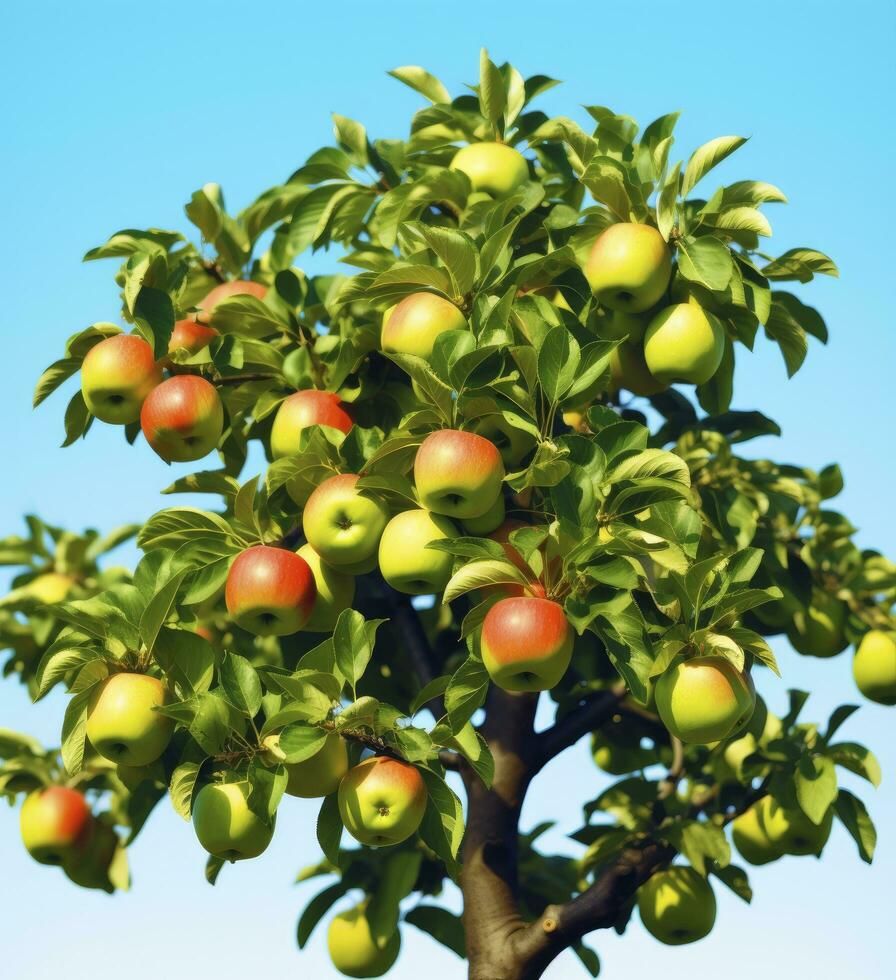 AI generated A apple tree withe apple against a blue sky photo