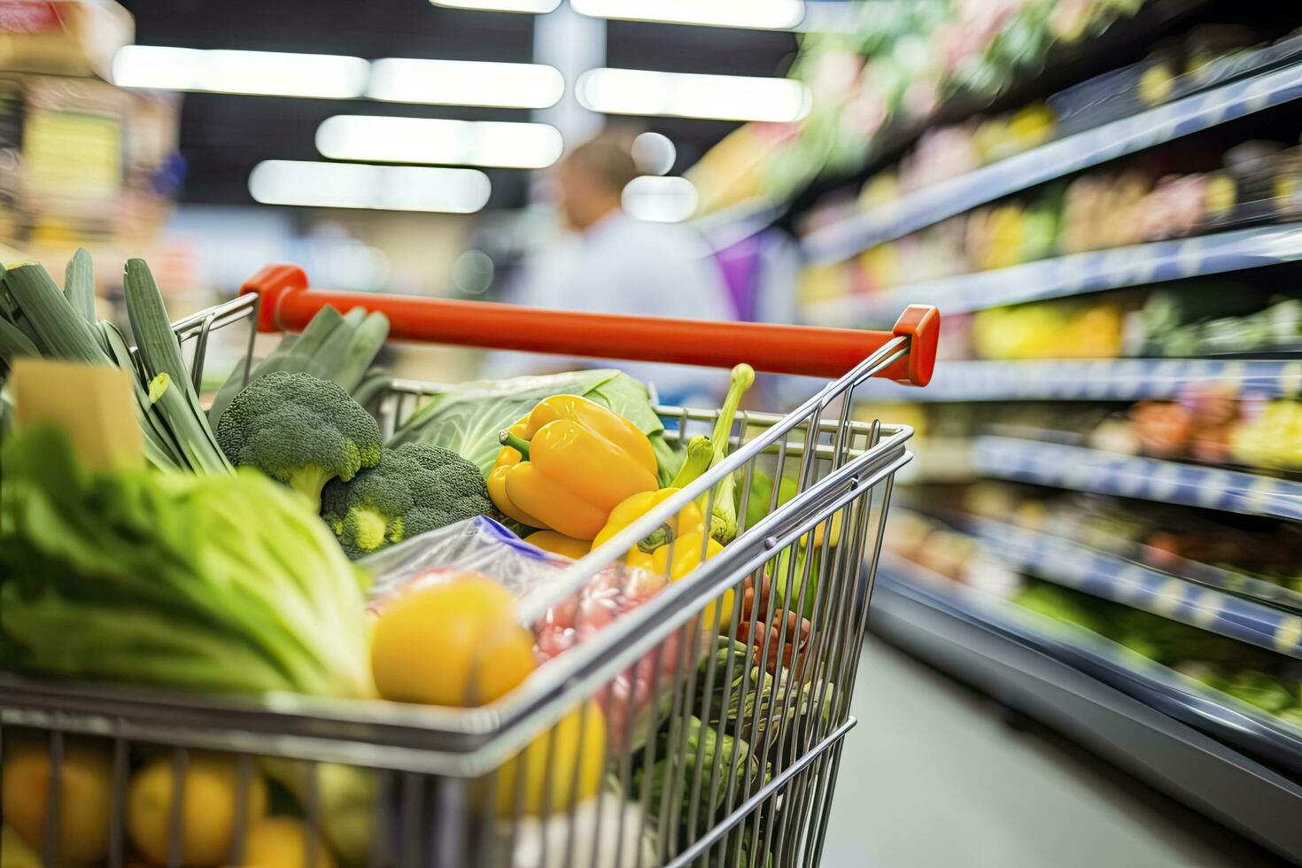 AI generated Close up of full shopping cart in grocery store. AI Generated photo