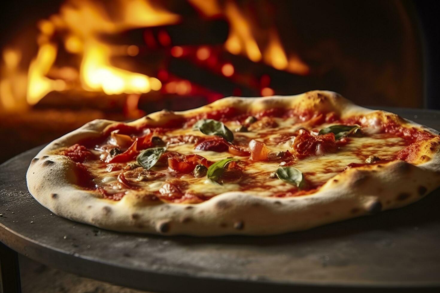AI generated Freshly baked pizza closeup, traditional wood fired oven background. AI Generated photo