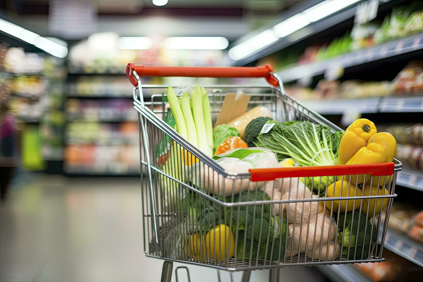 AI generated Close up of full shopping cart in grocery store. AI Generated photo
