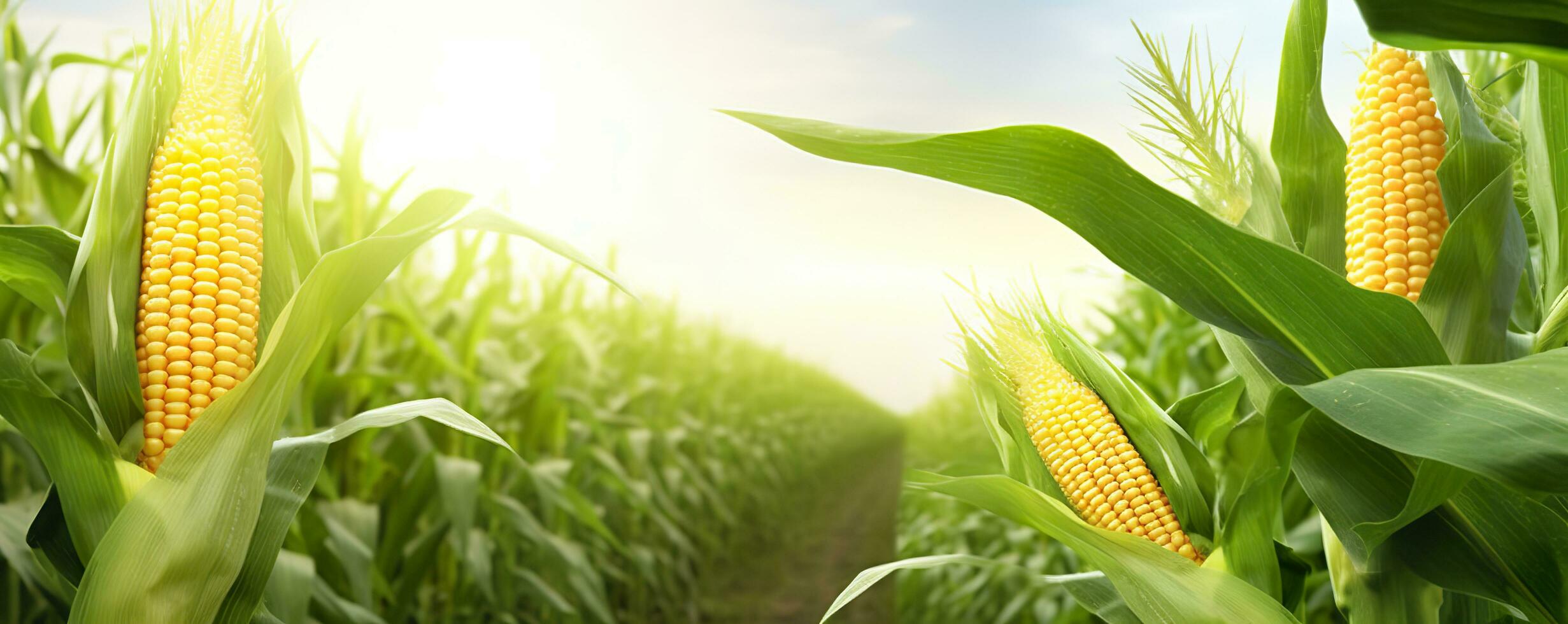 AI generated Closeup corn cobs in corn plantation field. Generative AI photo