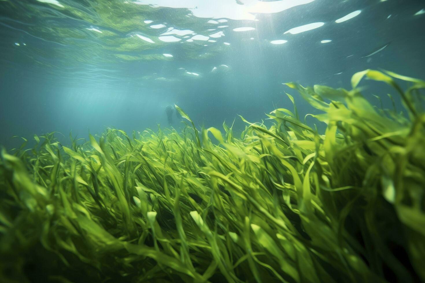 AI generated Underwater view of a group of seabed with green seagrass. AI Generated photo