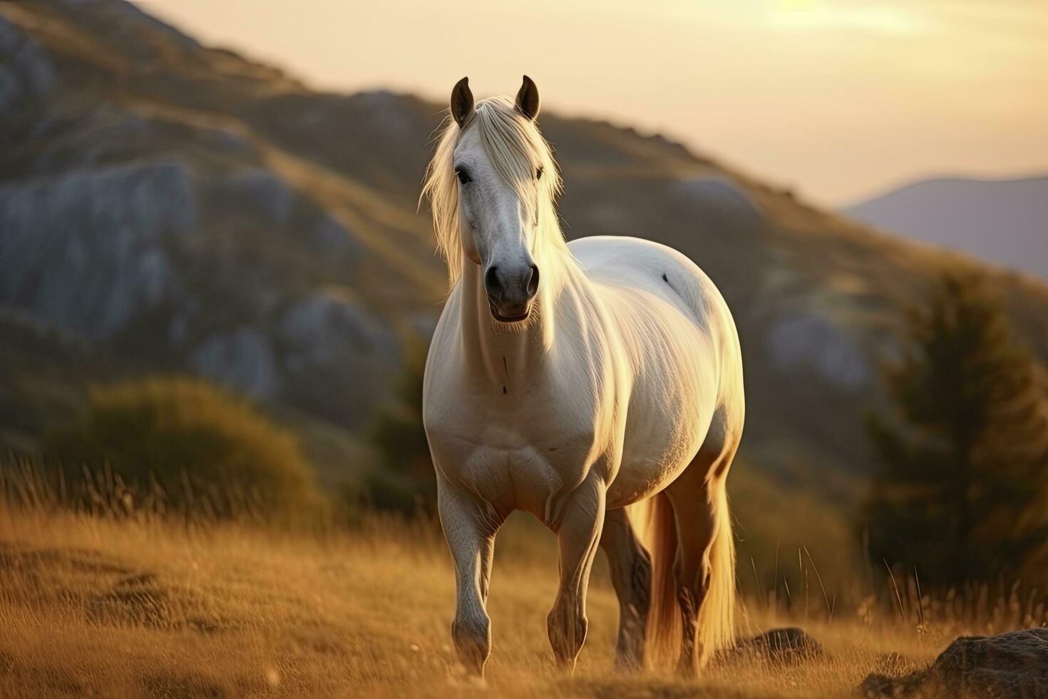 ai generado blanco caballo o yegua en el montañas a puesta de sol. ai generado foto