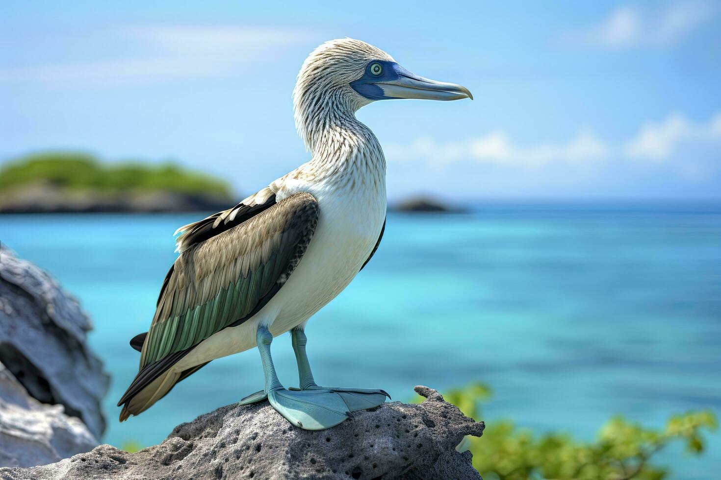 ai generado el raro patas azules bobo descansa en el playa. ai generado foto