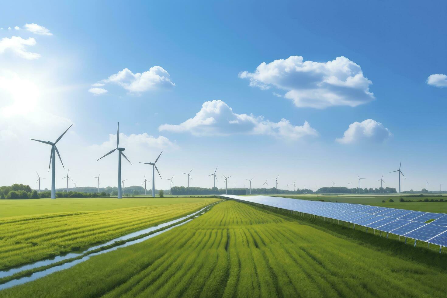 AI generated Wind, sun and water energy. AI Generated photo