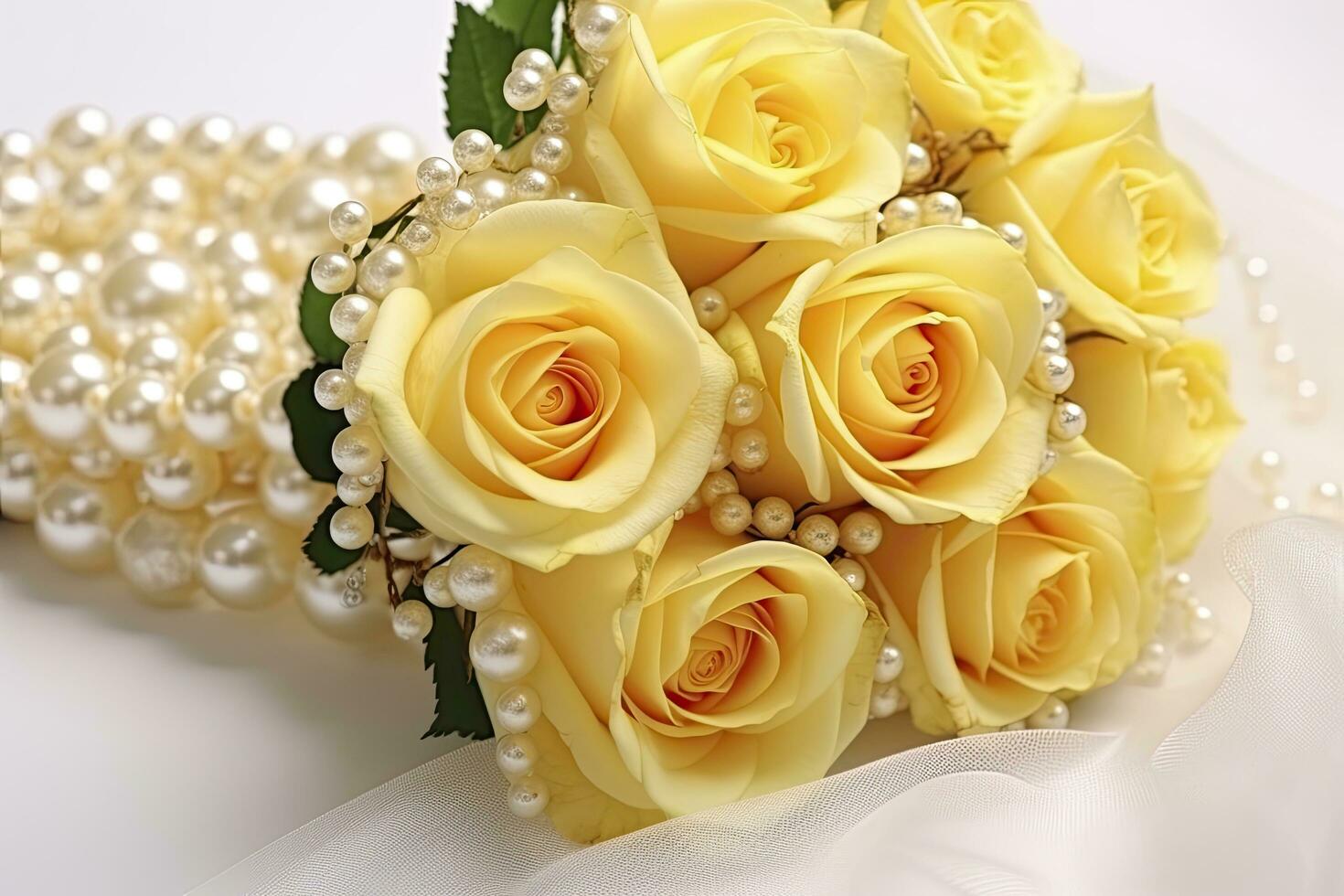 ai generado amarillo rosas ramo de flores y perlas, en blanco antecedentes. ai generado foto