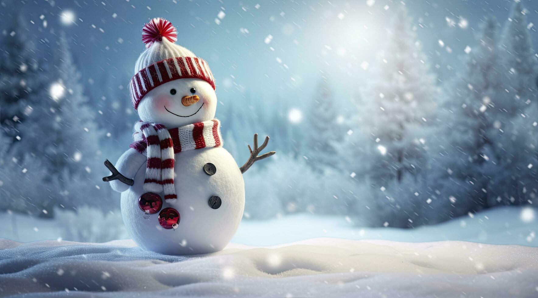 AI generated Happy snowman in the winter scenery. AI Generated photo