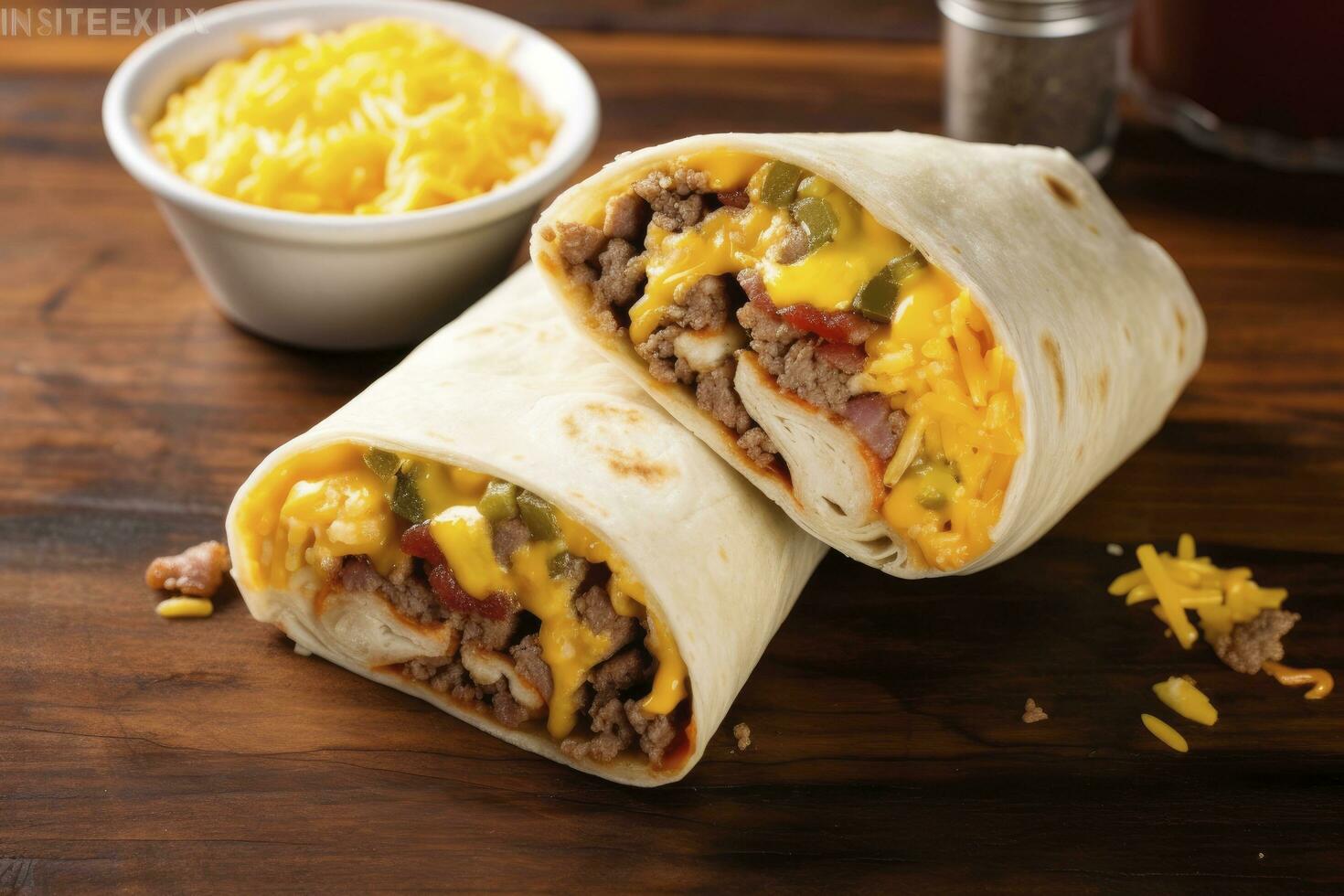 ai generado desayuno burrito con embutido, huevos, hashbrown y queso. ai generado foto