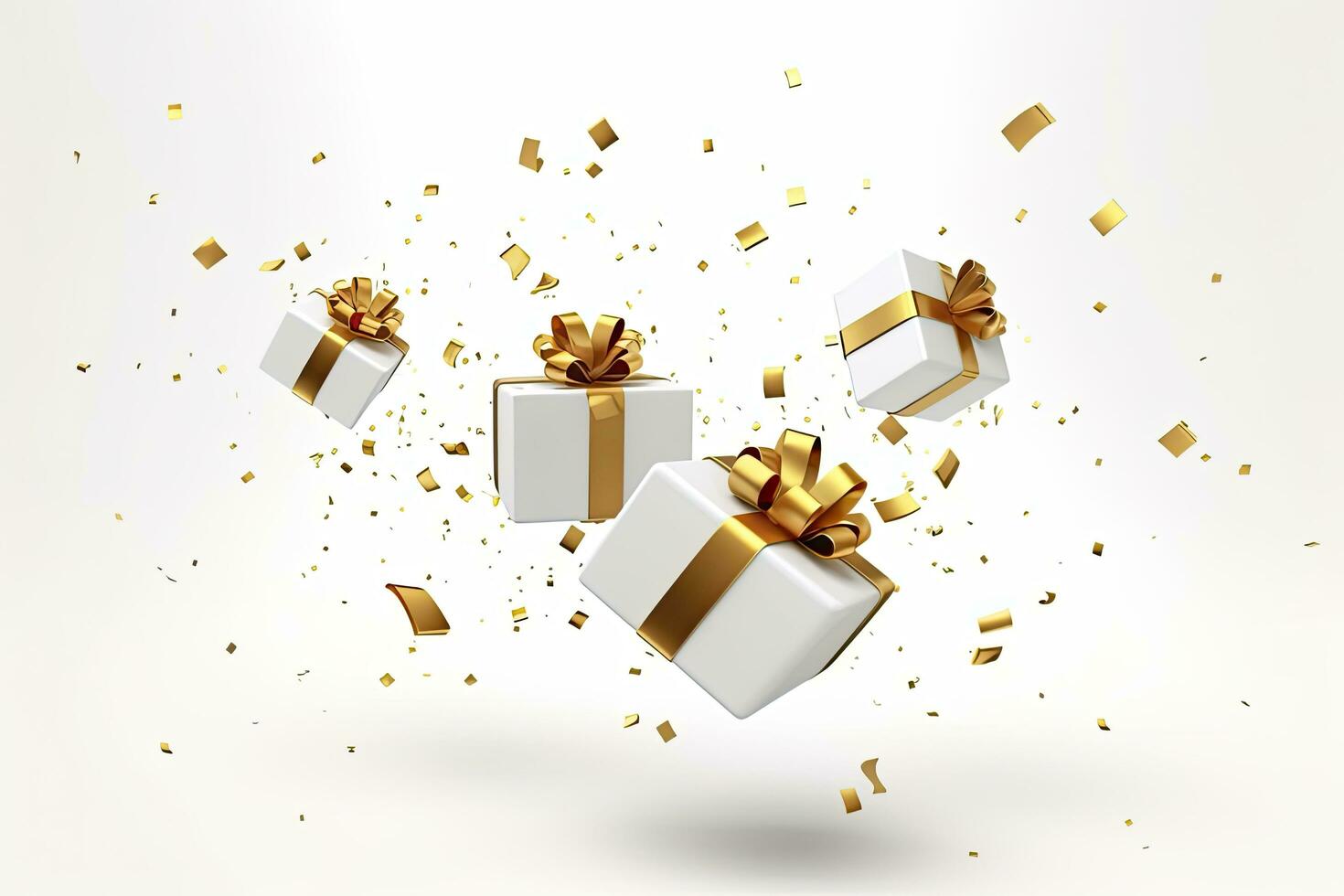 AI generated Merry New Year and Merry Christmas 2024 white gift boxes with golden bows and gold sequins confetti on white background. AI Generated photo