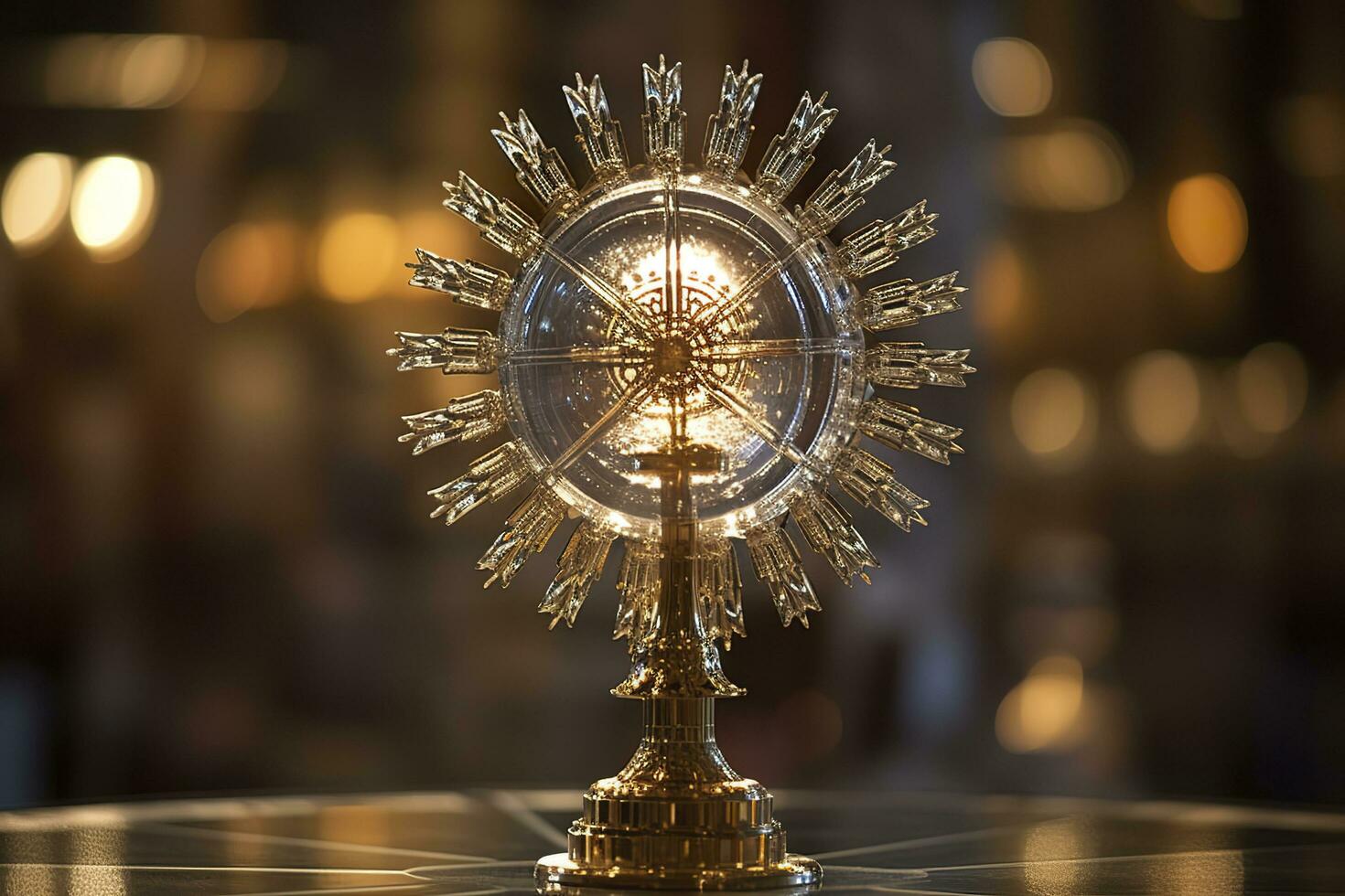 AI generated The golden monstrance with a little transparent crystal center, consecrated host. church defocused background. AI Generative photo