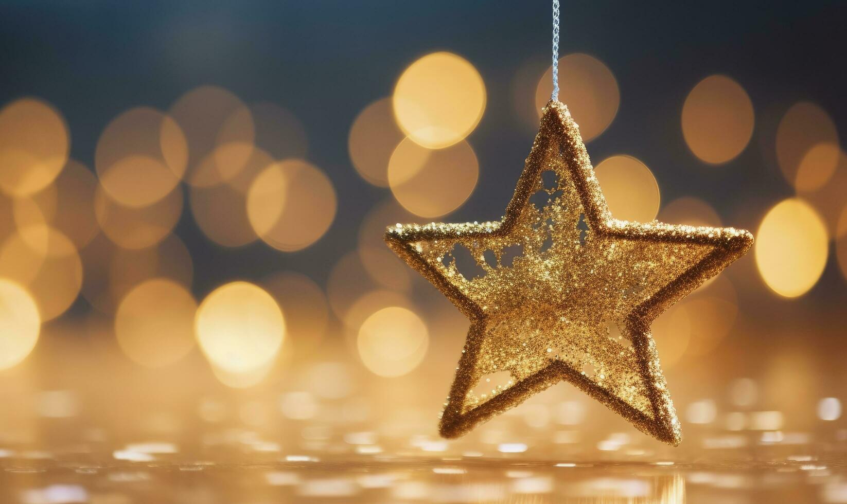 AI generated Sparkling Golden Christmas Star. Ornament Decoration Defocused Bokeh Background. AI Generated photo