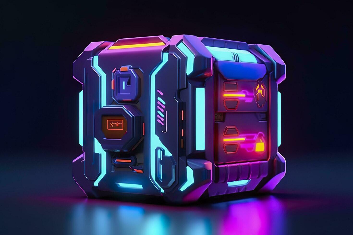 AI generated Modern and Futuristic Neon Digital Gaming Chest in Cartoon Pixar 3D Blender Style. AI Generative photo