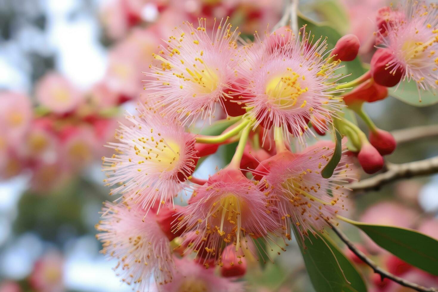 AI generated Beautiful Gum tree pink flowers and buds. AI Generated photo