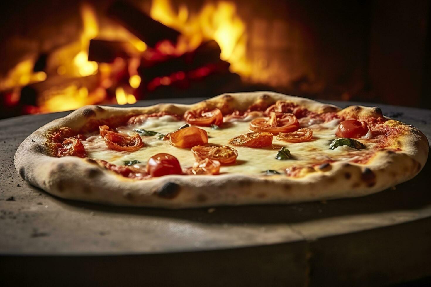 AI generated Freshly baked pizza closeup, traditional wood fired oven background. AI Generated photo