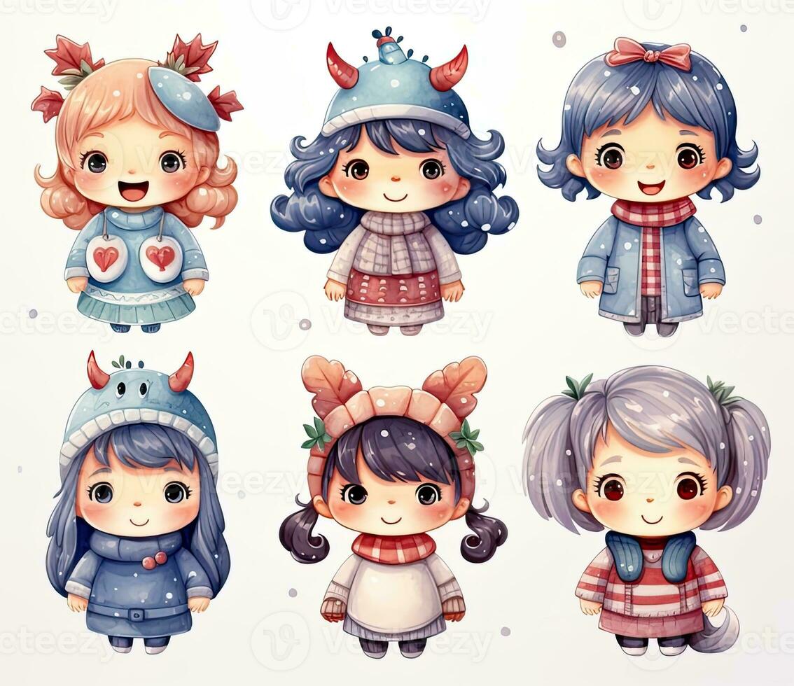 AI Generated Set of cute girl winter illustration in cartoon style photo