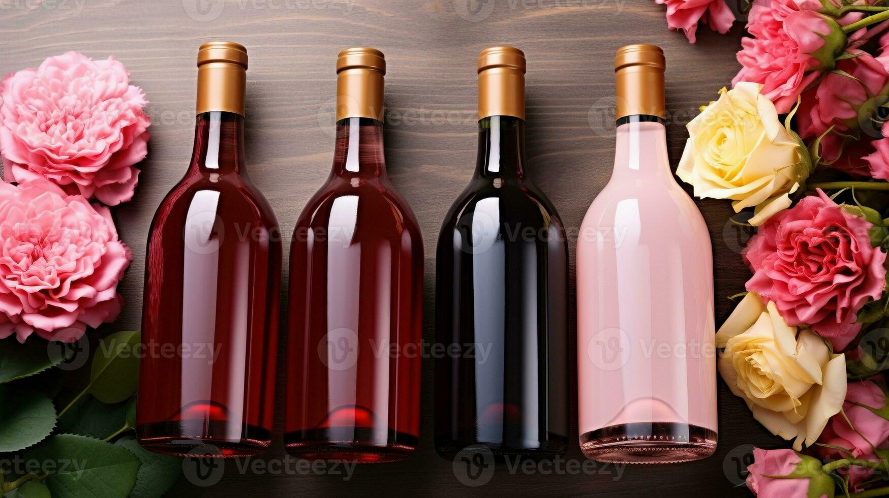 AI generated Four wine bottles row in rose flowers ai generated mockup photo