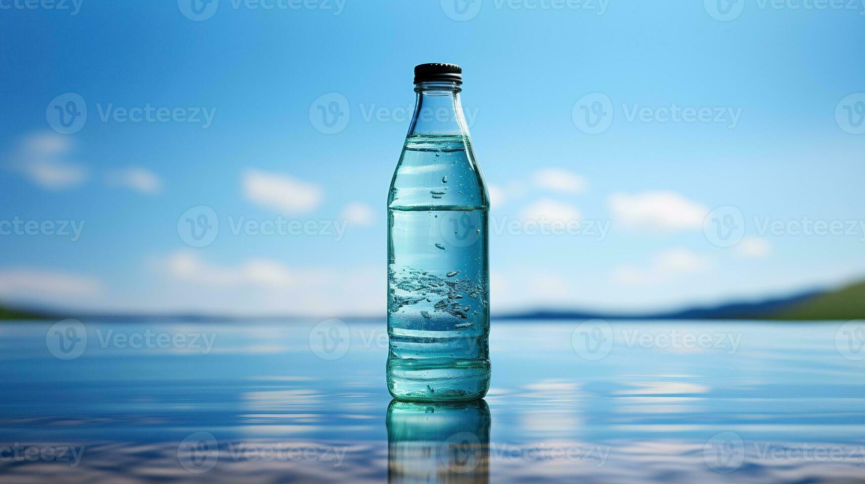 AI generated Glass bottle on lake water ai generated flask mockup photo