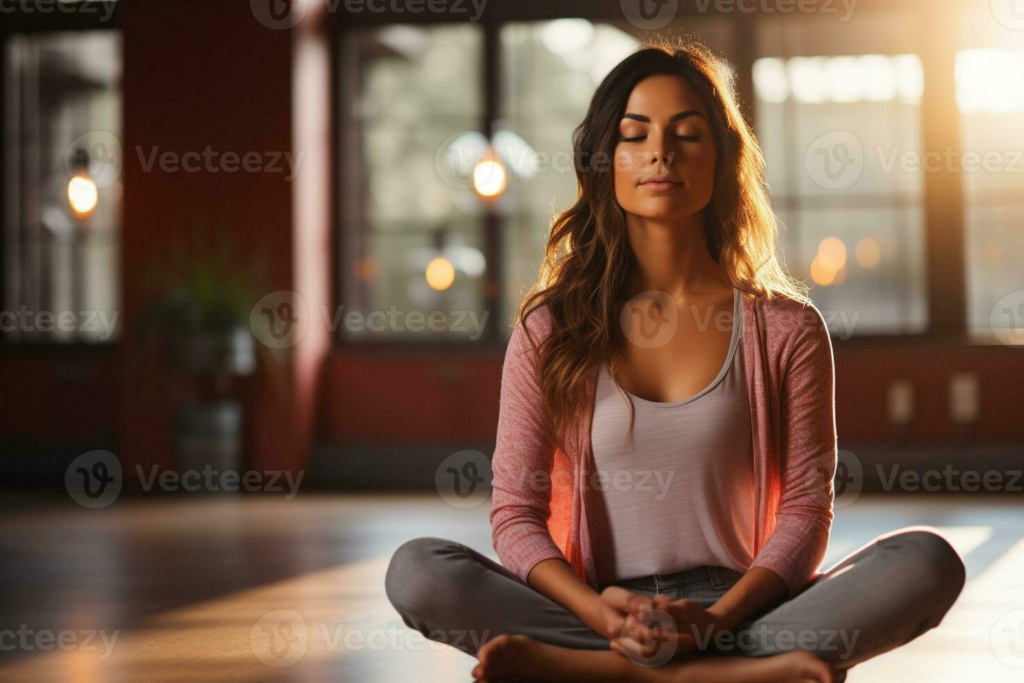 ai generado mujer medita después un yoga clase en un habitación lleno con natural luz, practicando consciencia, aceptación y calma foto