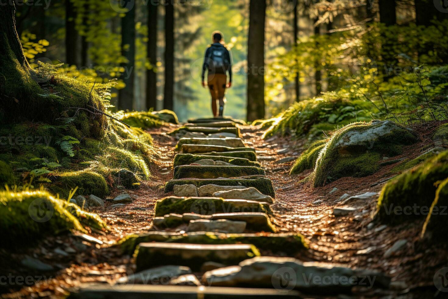 AI generated Person with hiking backpack walks through green forest with tall trees with lush crowns along hiking trail photo