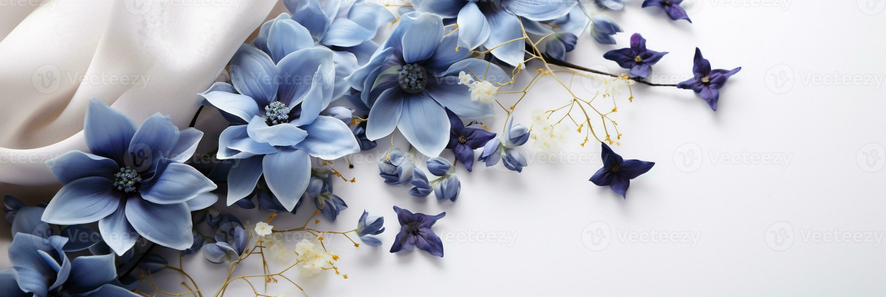 AI generated Close up blue flowers and silk on white background. Flat lay top view composition with copy space for banner, card, wedding invitation and holiday branding design concept photo