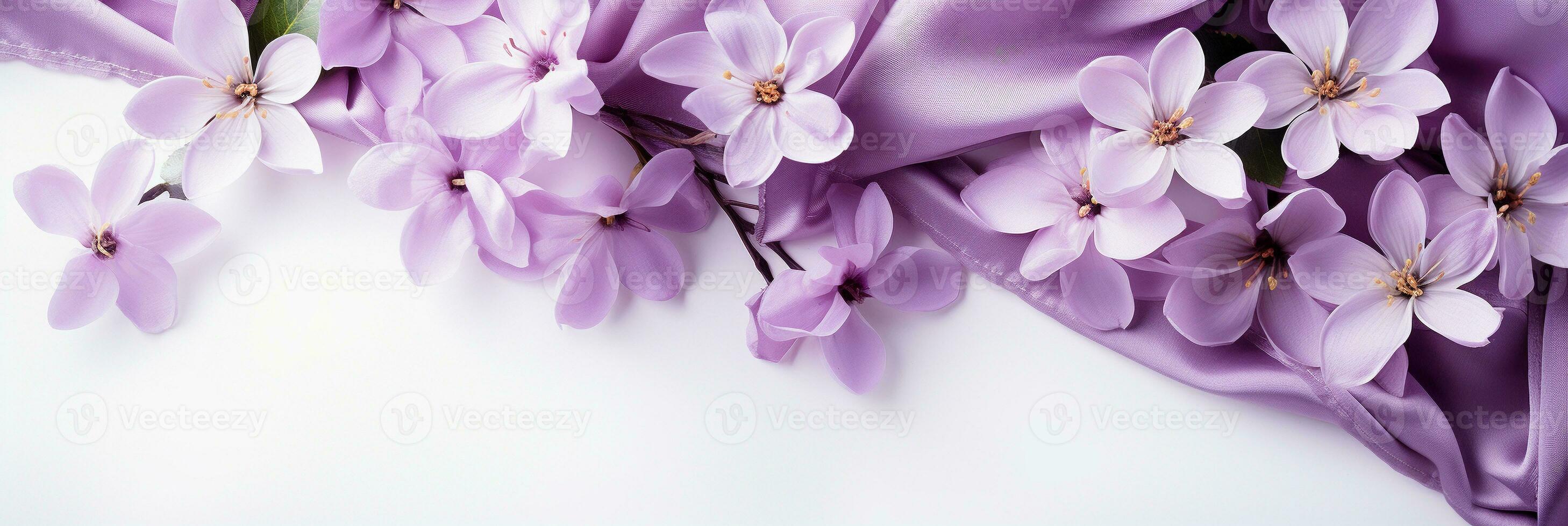 AI generated Close up purple flowers and silk on white background. Flat lay top view composition with copy space for banner, card, wedding photo