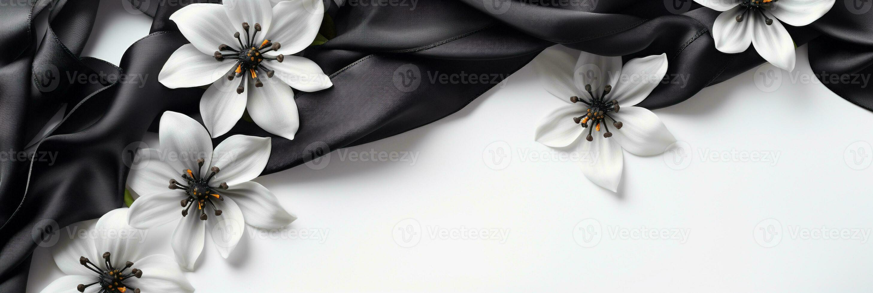 AI generated Mockup image close up flowers and silk on white fabric background. Banner, card, invitation and branding design concept photo
