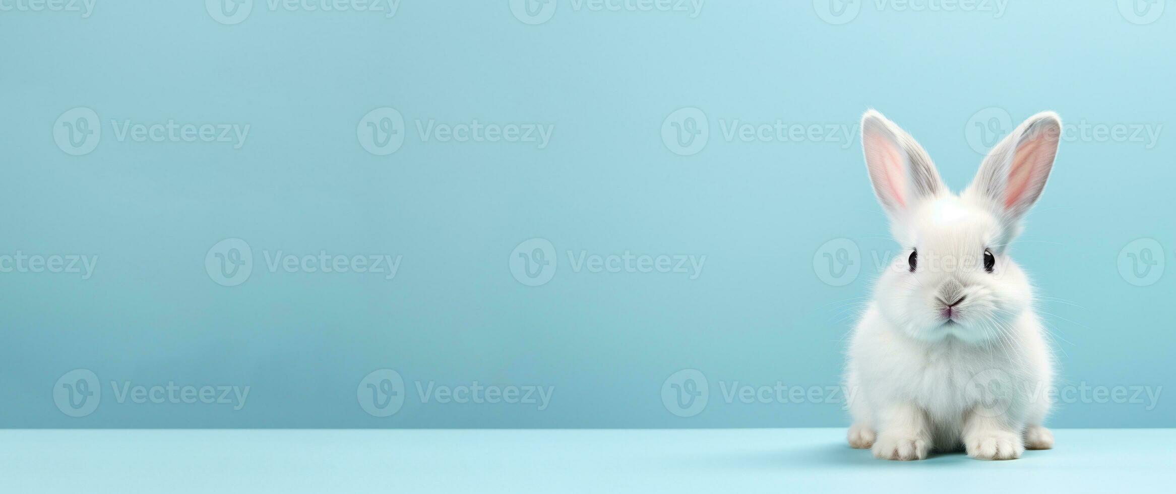 AI generated Cute little white bunny sitting isolated on pastel background. Happy easter concept banner mockup with copy space photo