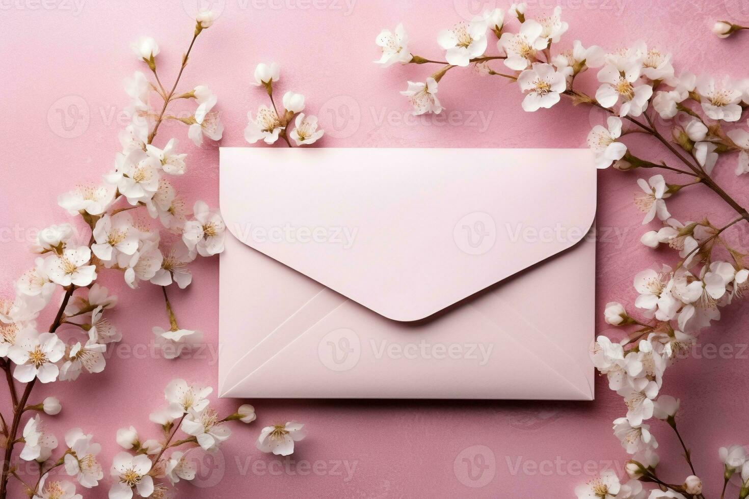 AI generated Flat lay composition with hand-made paper envelope in pastel pink filled with delicate spring flowers, copy space for banner card photo