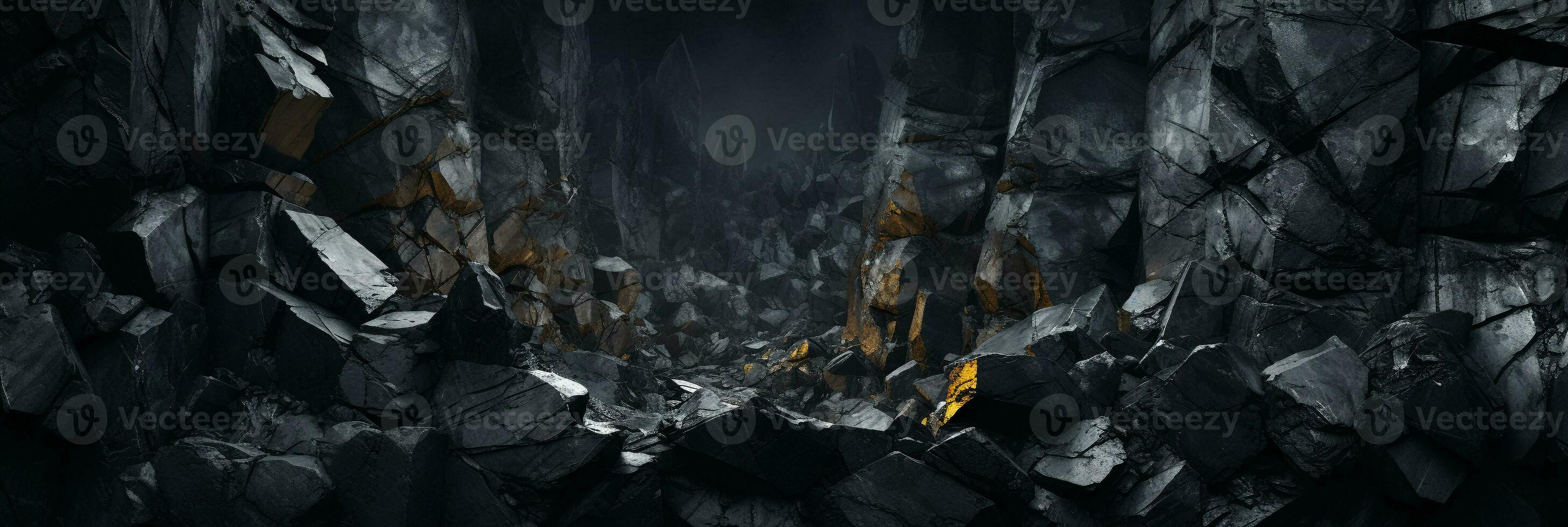 AI generated Black stone texture with cracks. Panoramic abstract natural volumetric dark gray rock background with copy space. Grunge surface photo