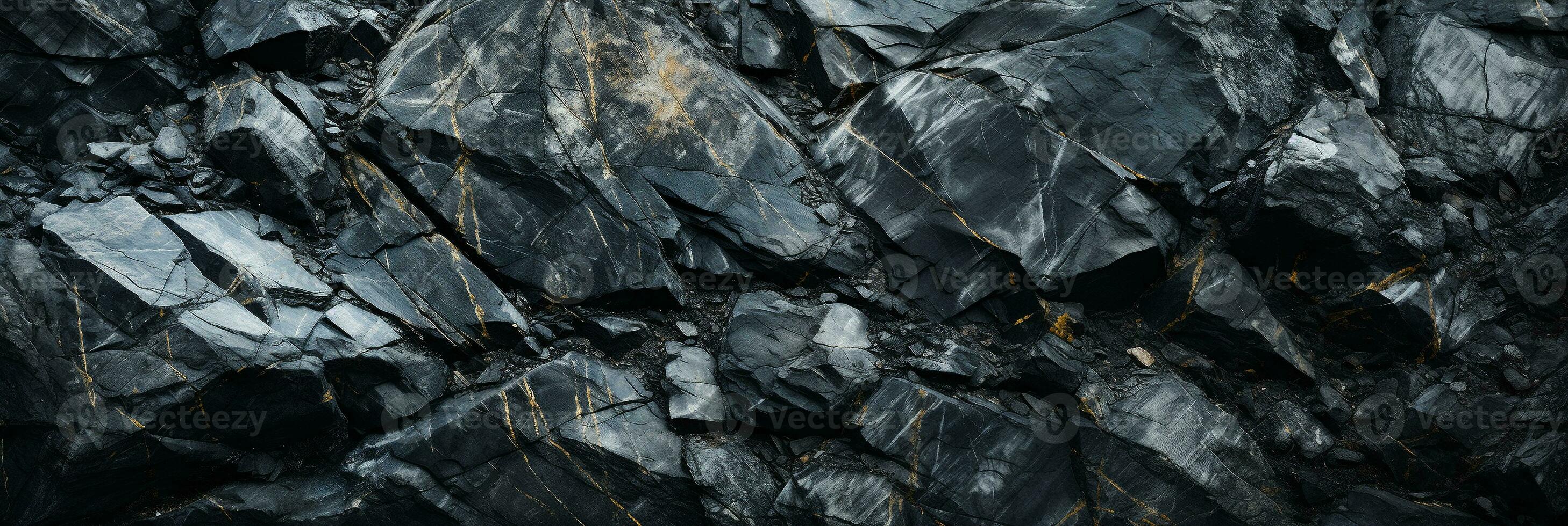 AI generated Black stone texture with gold veins. Wide panoramic abstract natural granite marble dark gray rock background with copy space. Grunge modern surface for banner design photo
