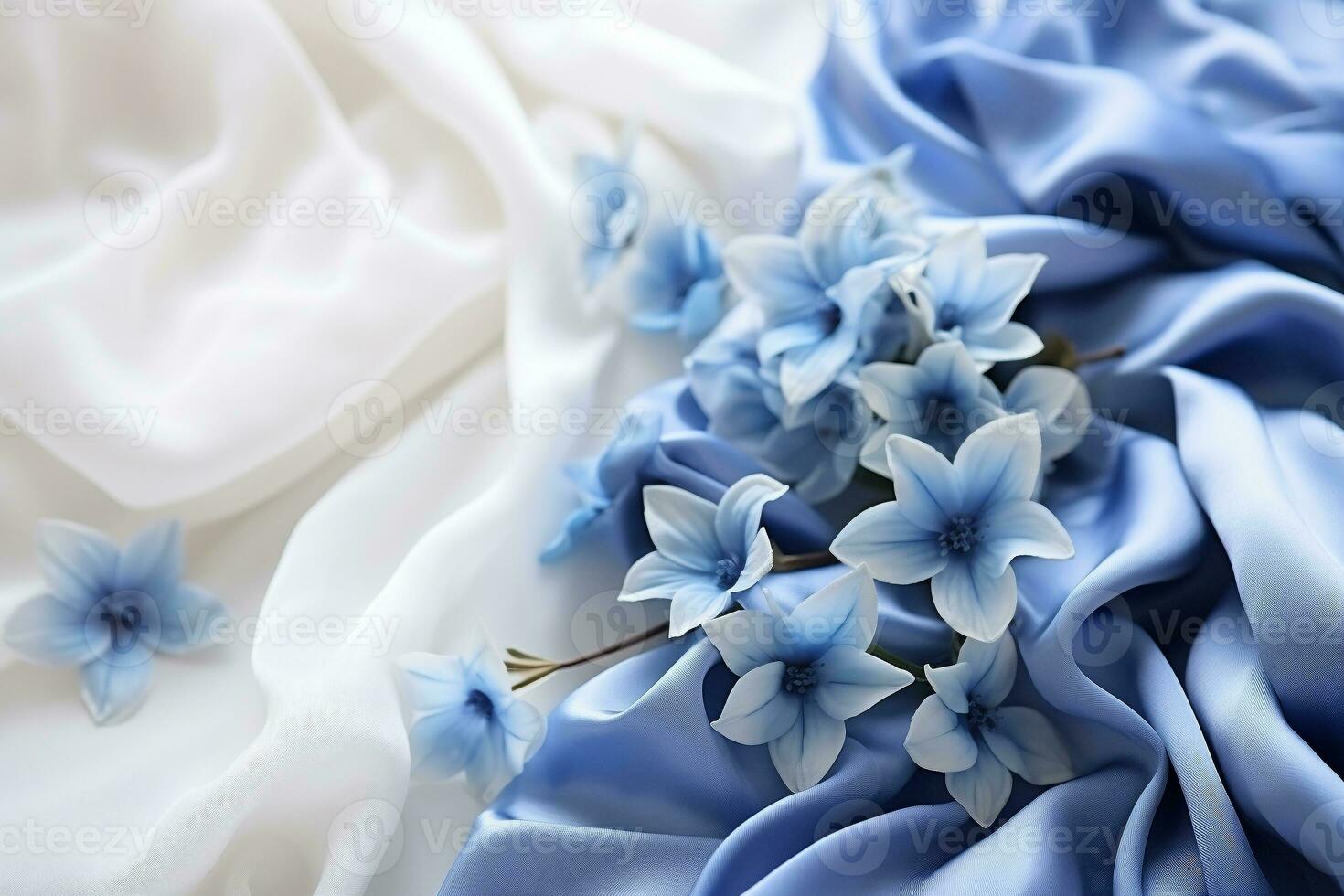 AI generated Mockup image close up blue flowers and silk on white fabric background. Banner, card, invitation and branding design concept photo