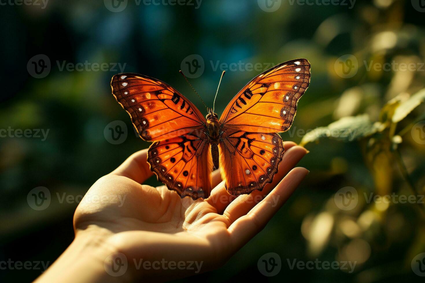 ai generado suave manos cuna un delicado mariposa, exhibiendo el fragilidad, confiar y belleza de el presente momento foto