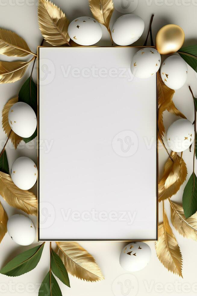 AI generated Blank white card in a gold frame decorated with eggs and leaves. Background for congratulations on Easter. White, green, gold photo