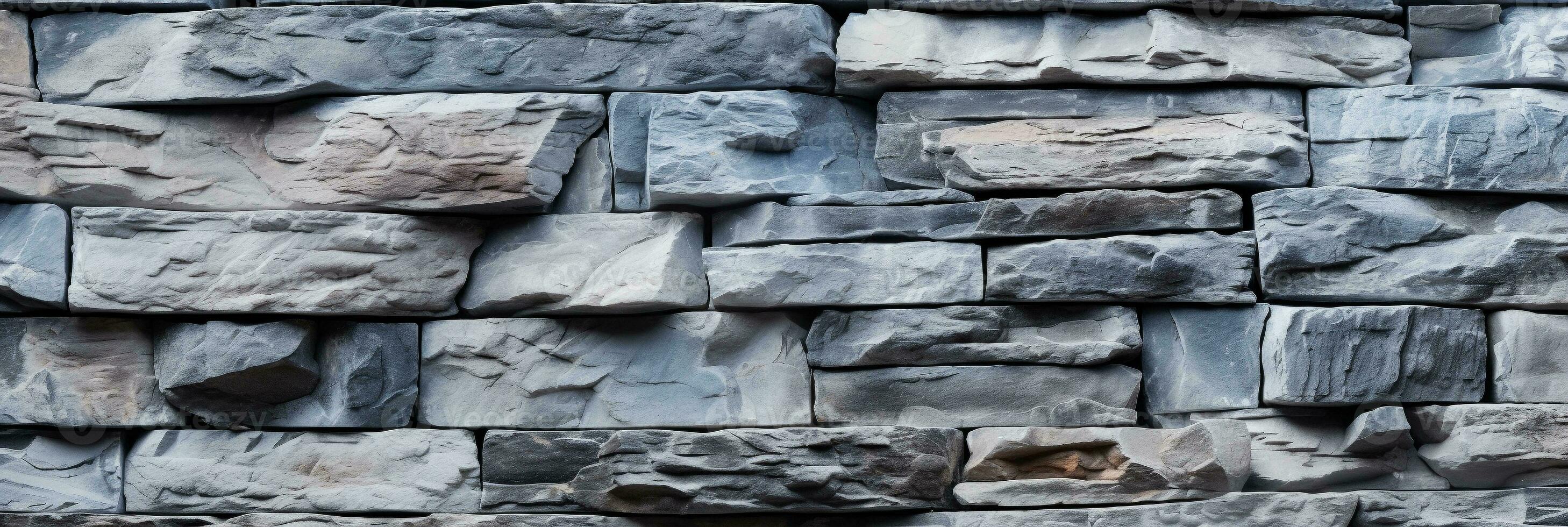 AI generated Gray grunge panoramic texture of stone wall. Abstract stone background with bricks. Natural granite gray rock surface, copy space photo