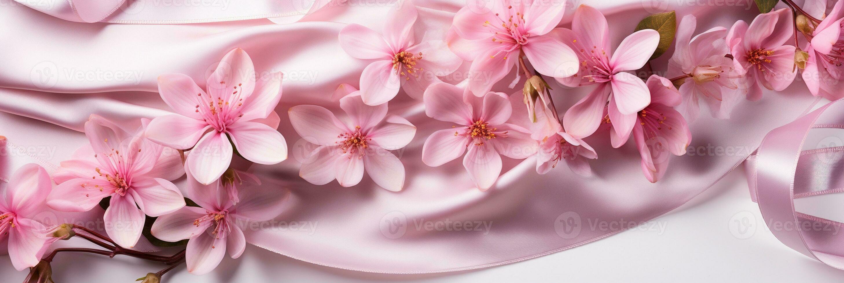 AI generated Pink flowers and silk on white panoramic background. Flat lay top view composition with copy space for banner, card, wedding photo